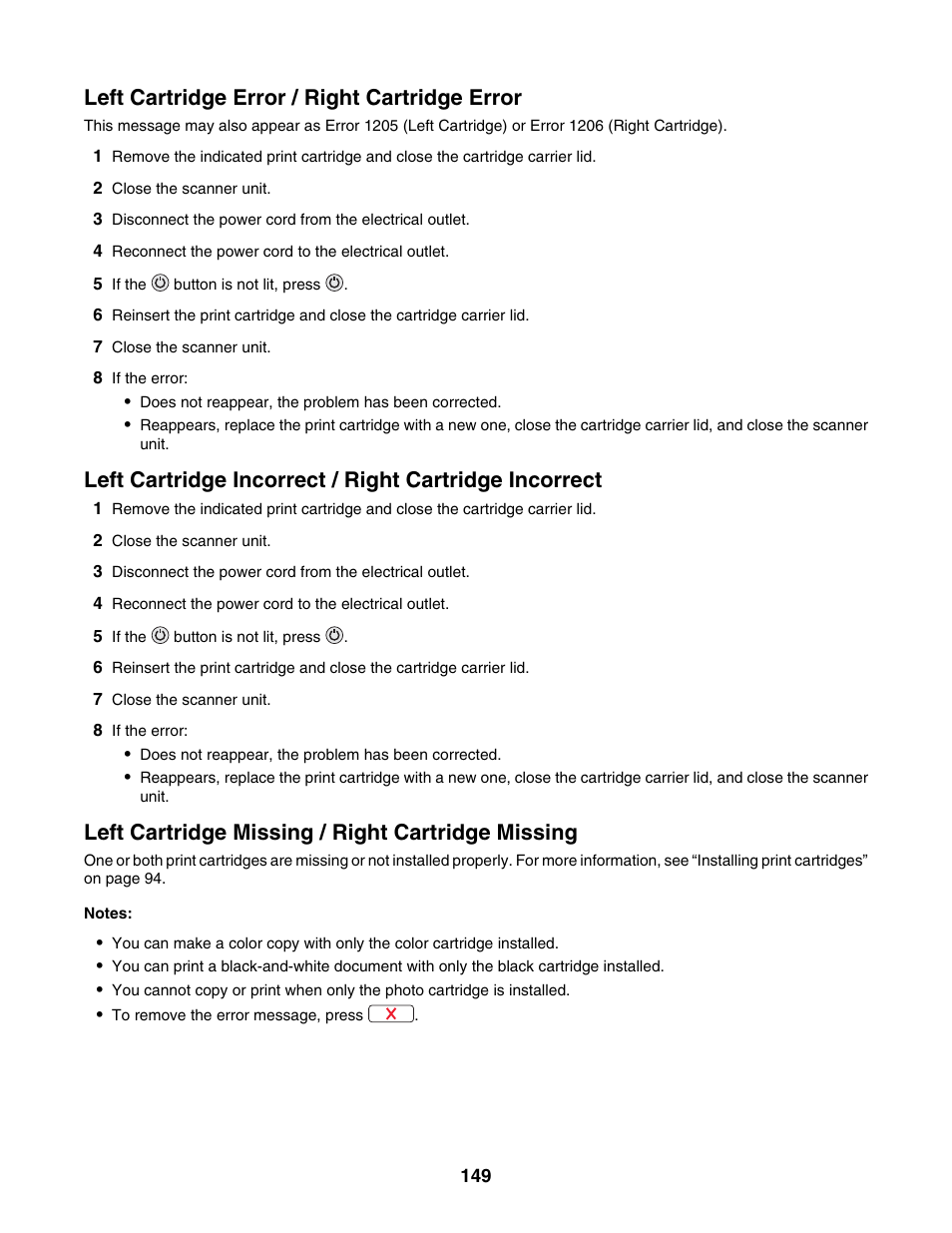 Left cartridge error / right cartridge error, Left cartridge missing / right cartridge missing | Lexmark 4800 Series User Manual | Page 149 / 176