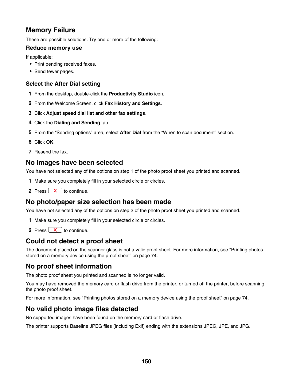 Memory failure, No images have been selected, No photo/paper size selection has been made | Could not detect a proof sheet, No proof sheet information, No valid photo image files detected | Lexmark 4800 Series User Manual | Page 150 / 176