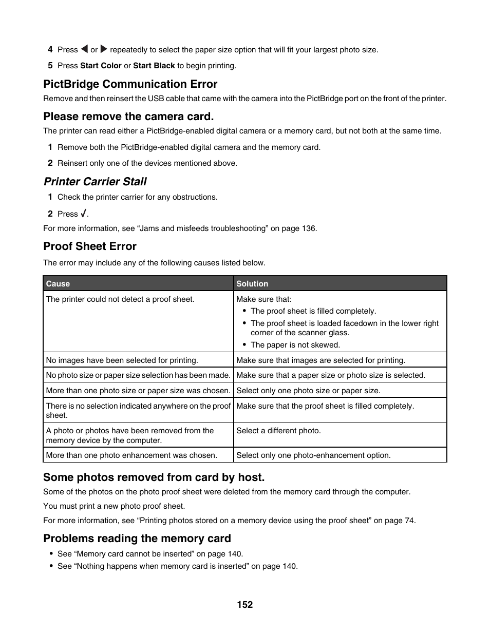 Pictbridge communication error, Please remove the camera card, Printer carrier stall | Proof sheet error, Some photos removed from card by host, Problems reading the memory card | Lexmark 4800 Series User Manual | Page 152 / 176