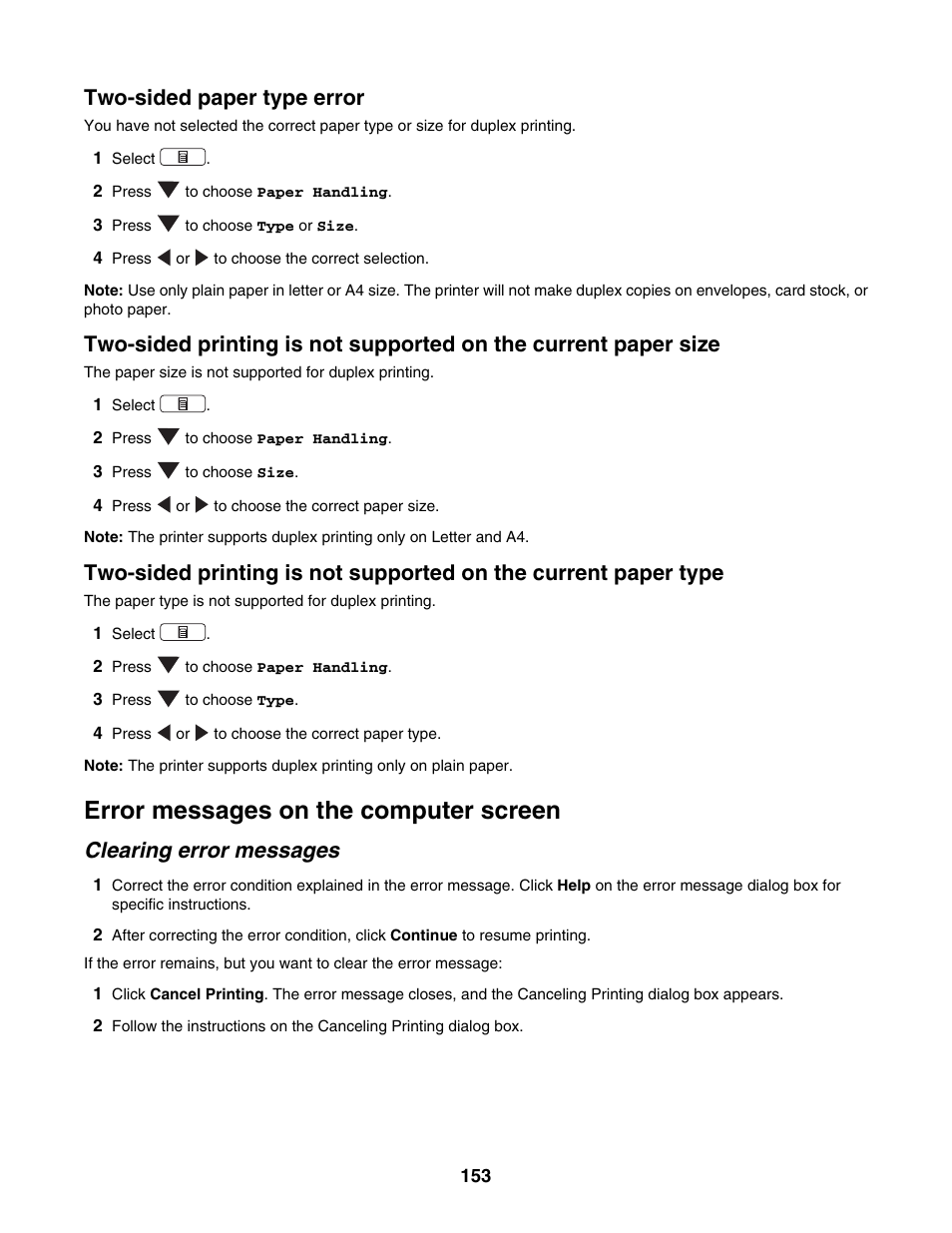 Two-sided paper type error, Error messages on the computer screen, Clearing error messages | Lexmark 4800 Series User Manual | Page 153 / 176