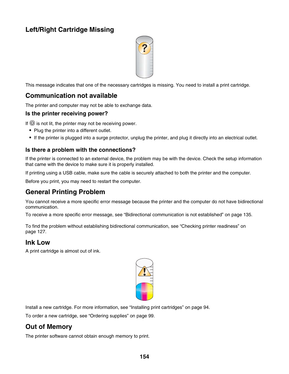 Left/right cartridge missing, Communication not available, General printing problem | Ink low, Out of memory | Lexmark 4800 Series User Manual | Page 154 / 176