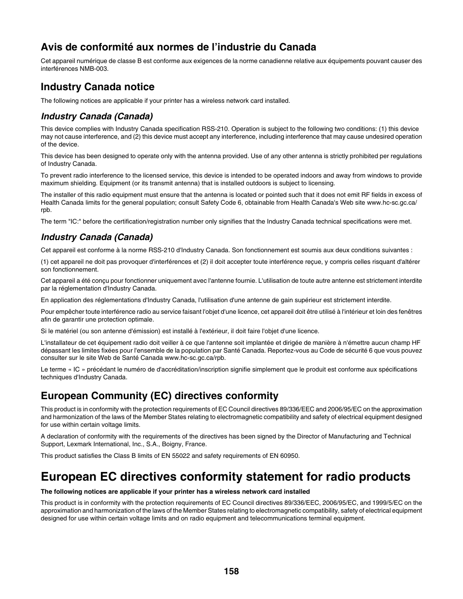 Industry canada notice, European community (ec) directives conformity | Lexmark 4800 Series User Manual | Page 158 / 176