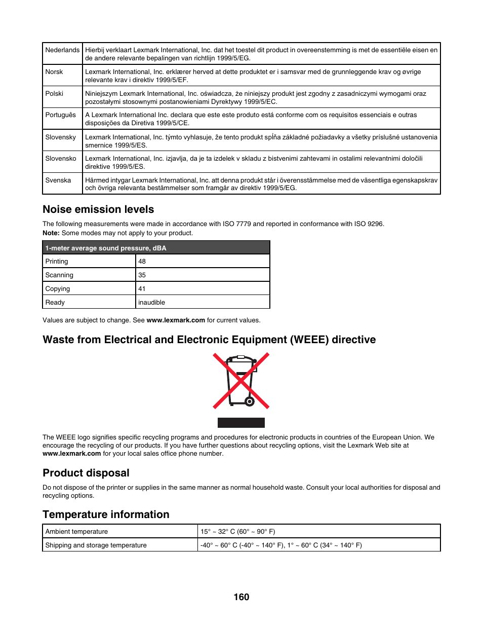 Noise emission levels, Product disposal, Temperature information | Lexmark 4800 Series User Manual | Page 160 / 176