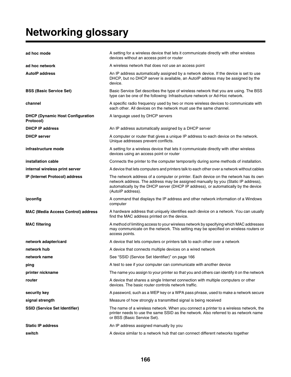 Networking glossary | Lexmark 4800 Series User Manual | Page 166 / 176