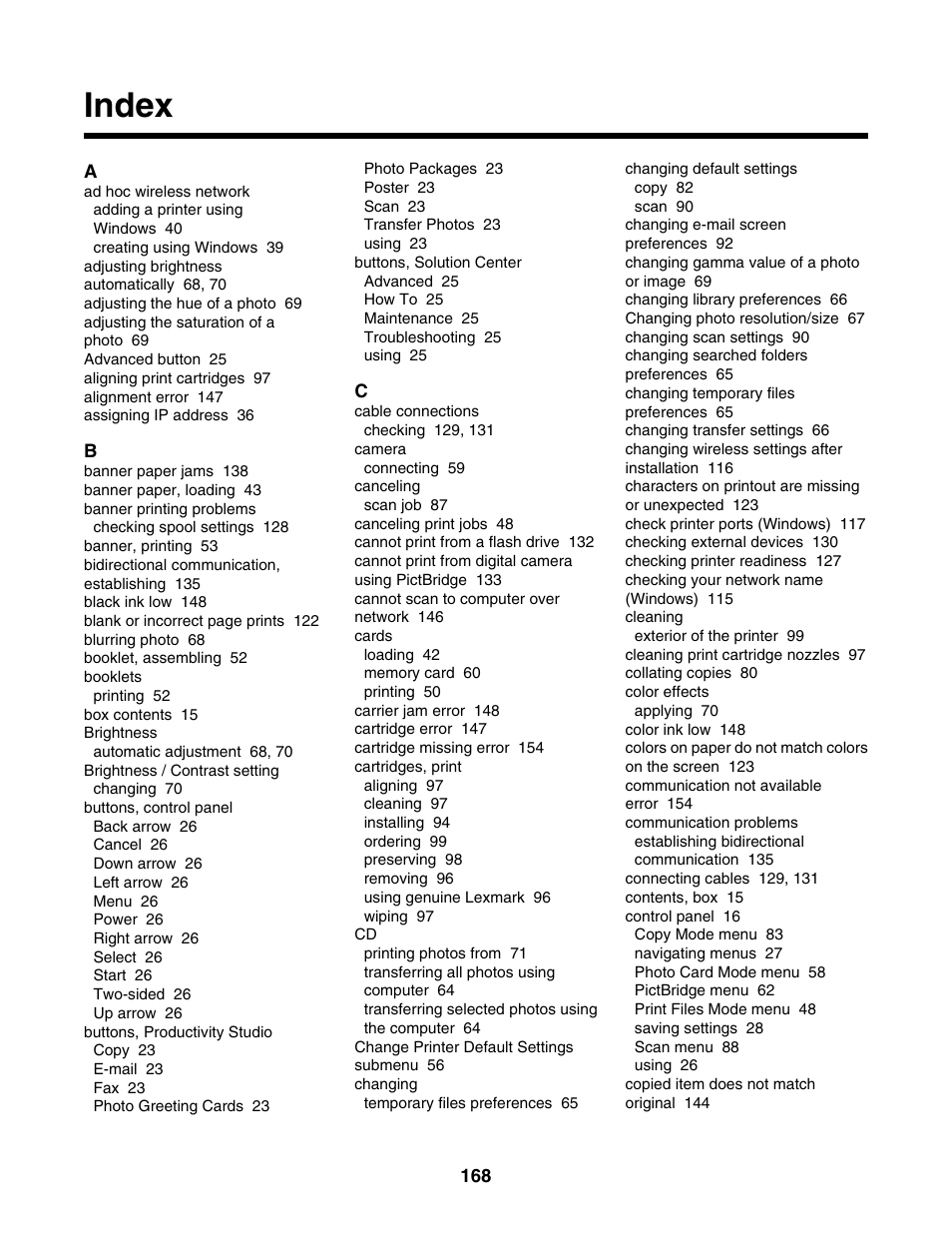 Index | Lexmark 4800 Series User Manual | Page 168 / 176