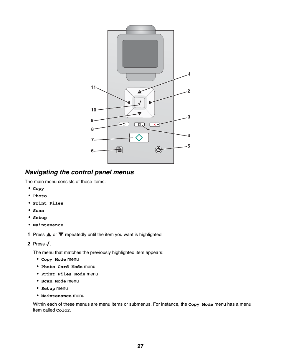 Navigating the control panel menus | Lexmark 4800 Series User Manual | Page 27 / 176