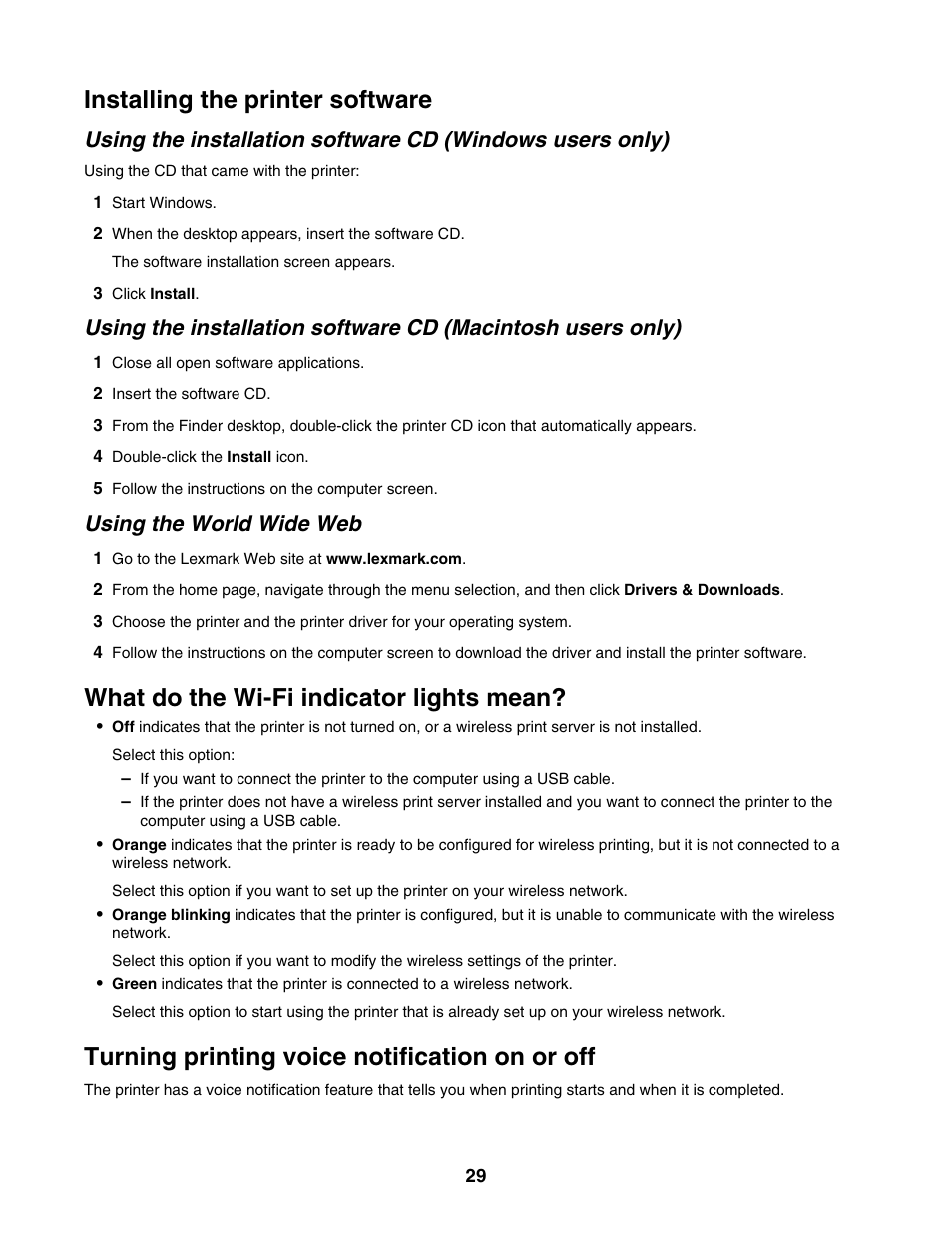 Installing the printer software, What do the wi-fi indicator lights mean, Turning printing voice notification on or off | Using the world wide web | Lexmark 4800 Series User Manual | Page 29 / 176