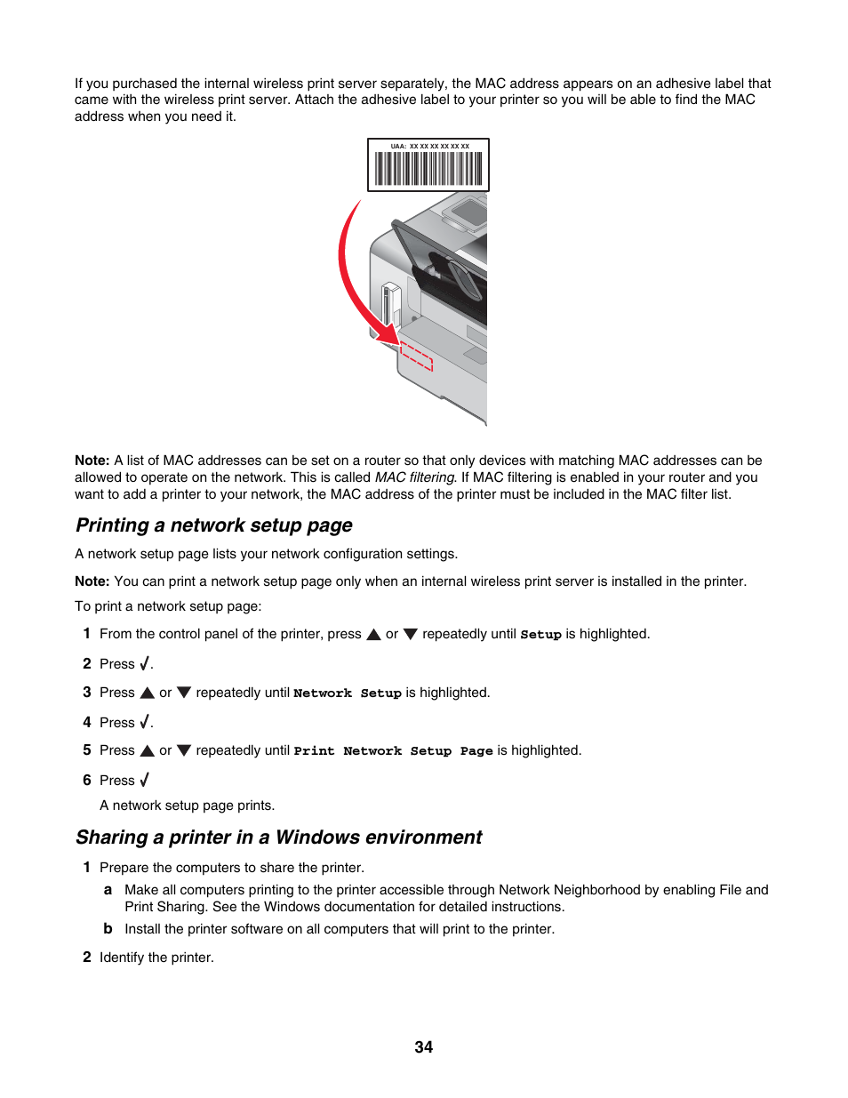 Sharing a printer in a windows environment, Printing a network setup page | Lexmark 4800 Series User Manual | Page 34 / 176