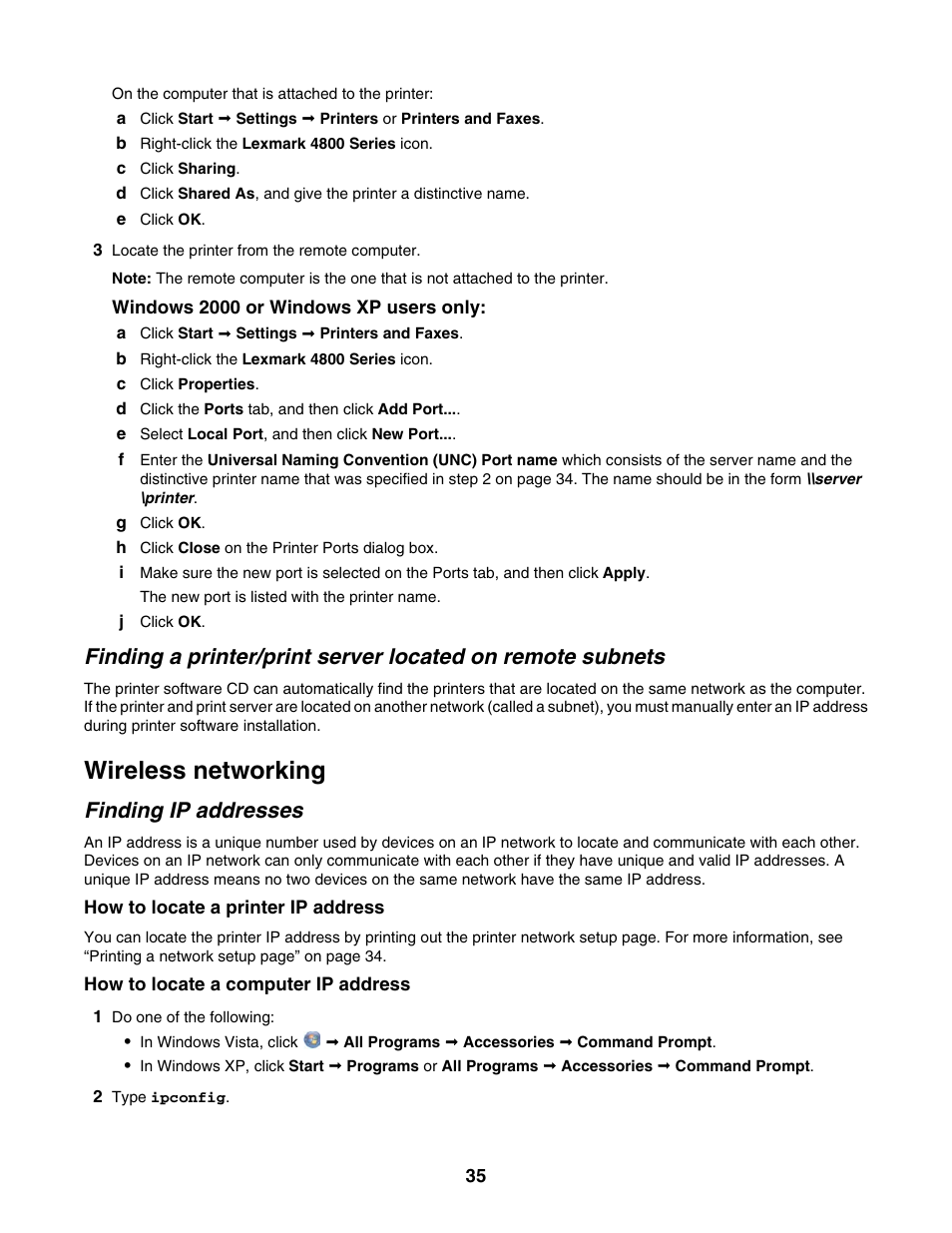 Wireless networking, Finding ip addresses | Lexmark 4800 Series User Manual | Page 35 / 176