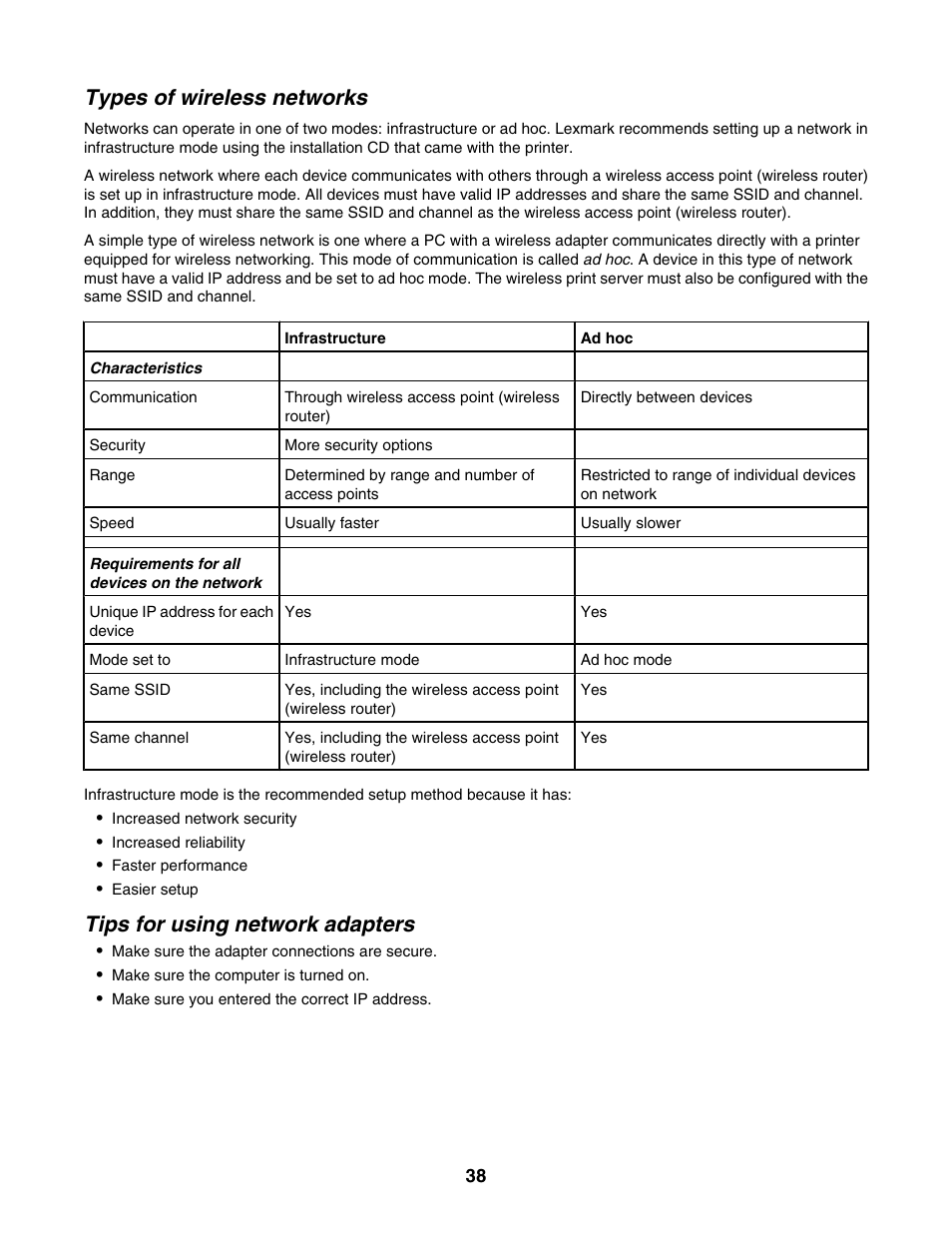 Types of wireless networks, Tips for using network adapters | Lexmark 4800 Series User Manual | Page 38 / 176