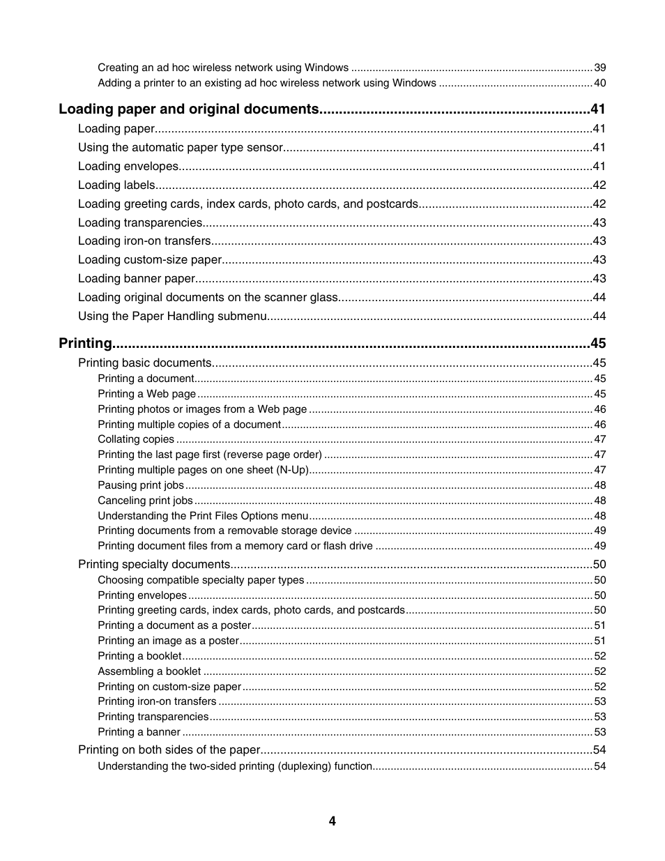 Loading paper and original documents, Printing | Lexmark 4800 Series User Manual | Page 4 / 176