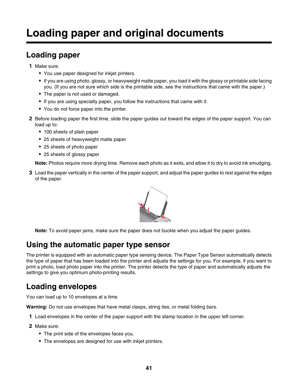 Loading paper and original documents, Loading paper, Using the automatic paper type sensor | Loading envelopes | Lexmark 4800 Series User Manual | Page 41 / 176