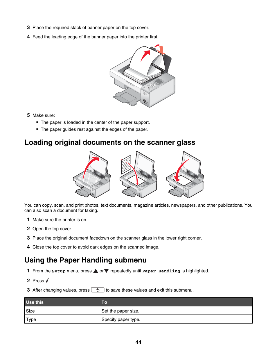 Loading original documents on the scanner glass, Using the paper handling submenu | Lexmark 4800 Series User Manual | Page 44 / 176