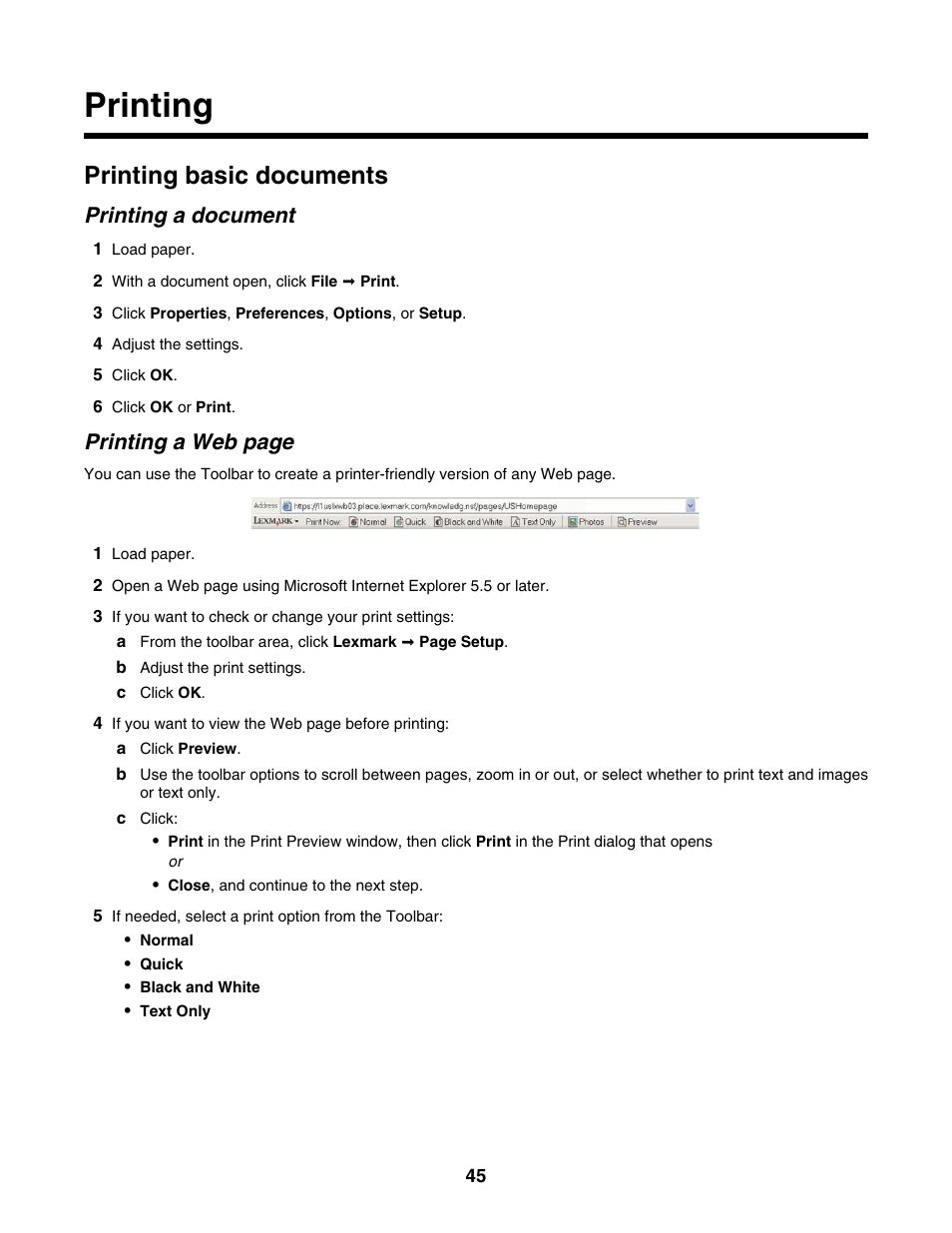 Printing, Printing basic documents, Printing a document | Printing a web page | Lexmark 4800 Series User Manual | Page 45 / 176