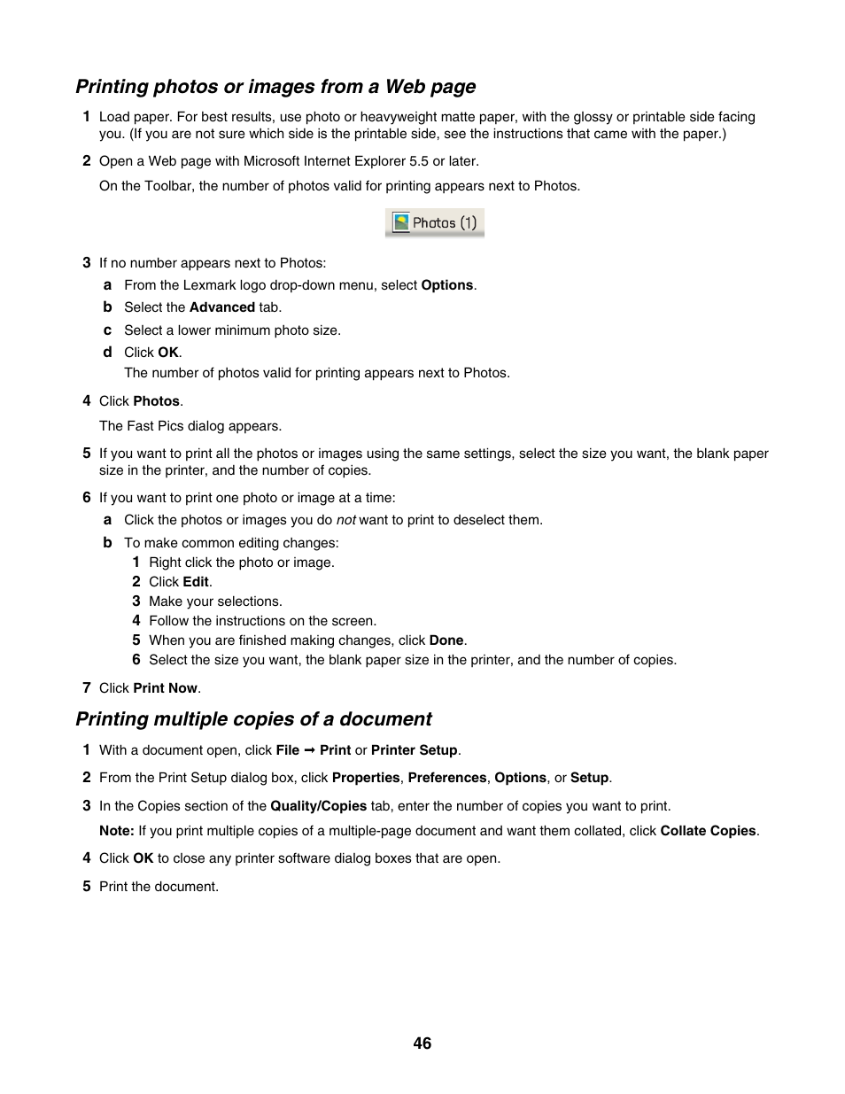 Printing multiple copies of a document, Printing photos or images from a web page | Lexmark 4800 Series User Manual | Page 46 / 176