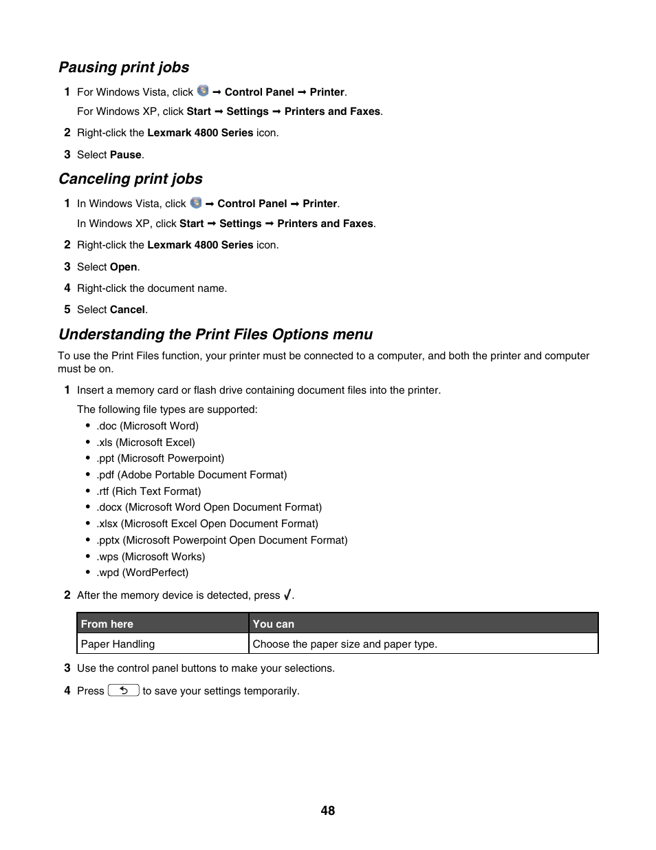 Pausing print jobs, Canceling print jobs, Understanding the print files options menu | Lexmark 4800 Series User Manual | Page 48 / 176