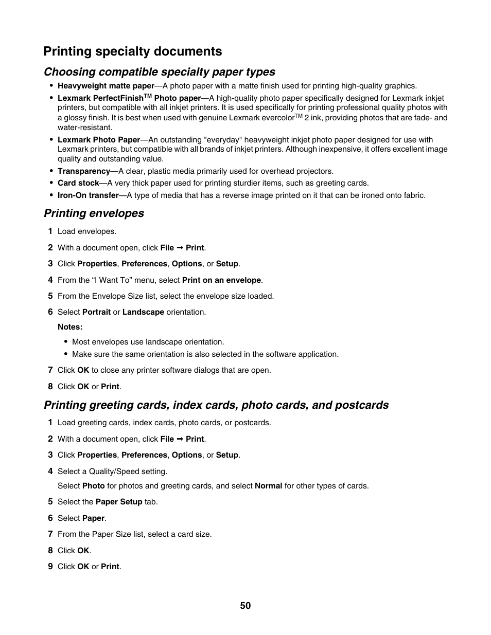 Printing specialty documents, Choosing compatible specialty paper types, Printing envelopes | Lexmark 4800 Series User Manual | Page 50 / 176