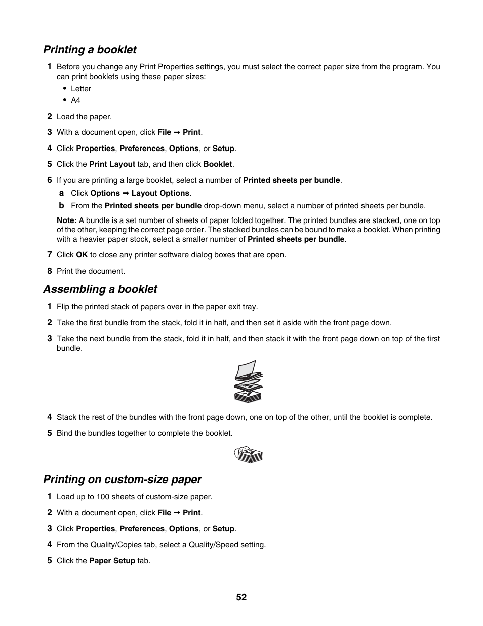 Printing a booklet, Assembling a booklet, Printing on custom-size paper | Lexmark 4800 Series User Manual | Page 52 / 176