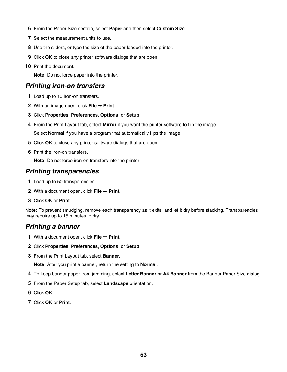 Printing iron-on transfers, Printing transparencies, Printing a banner | Lexmark 4800 Series User Manual | Page 53 / 176