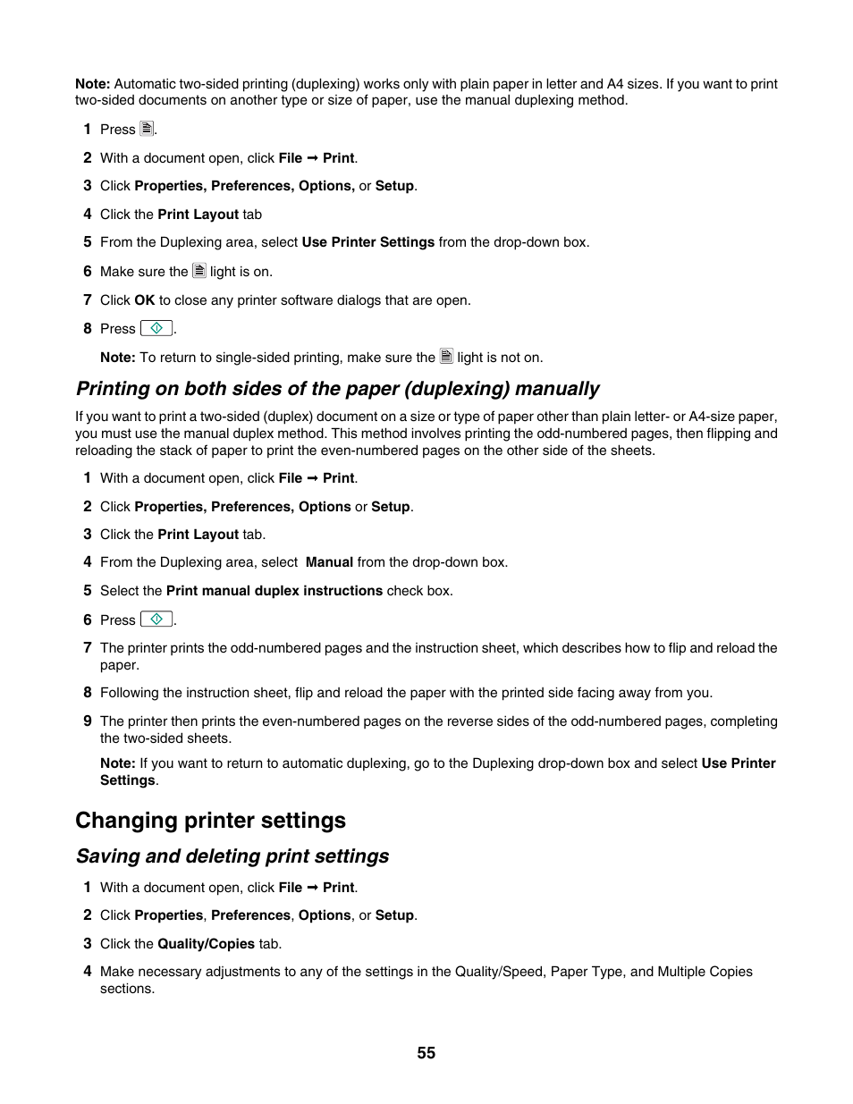 Changing printer settings, Saving and deleting print settings | Lexmark 4800 Series User Manual | Page 55 / 176