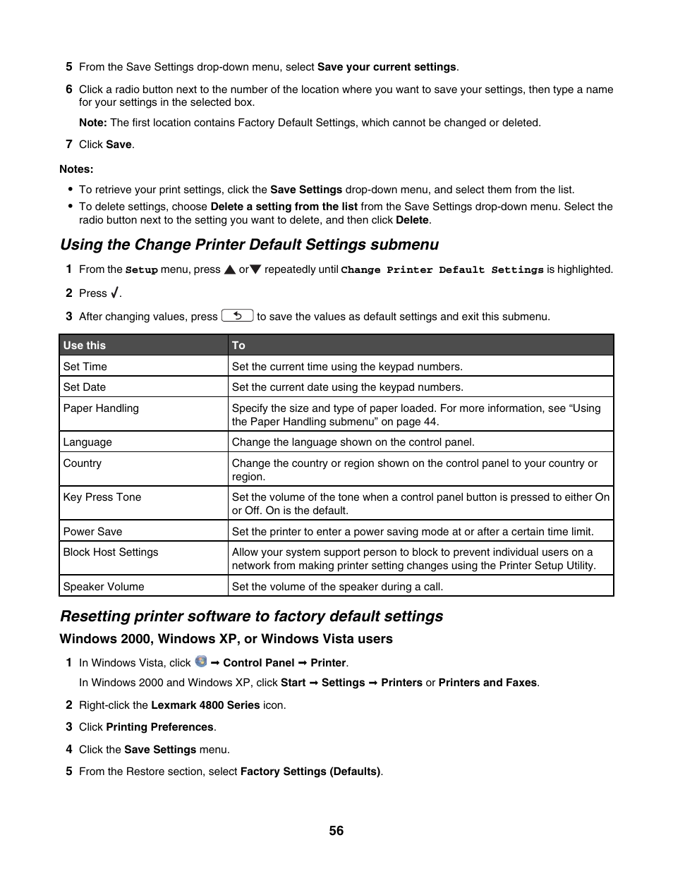 Using the change printer default settings submenu | Lexmark 4800 Series User Manual | Page 56 / 176