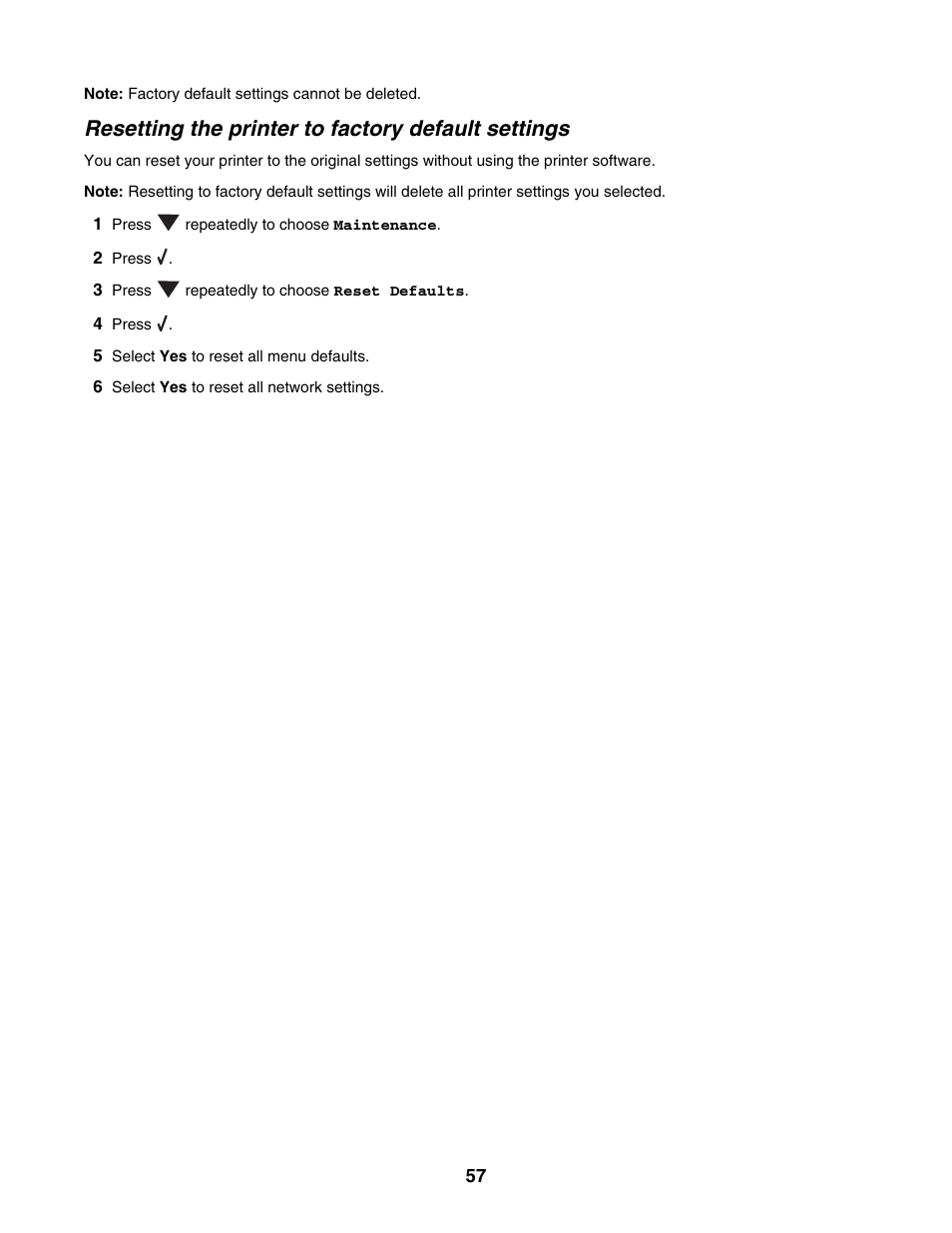 Resetting the printer to factory default settings | Lexmark 4800 Series User Manual | Page 57 / 176