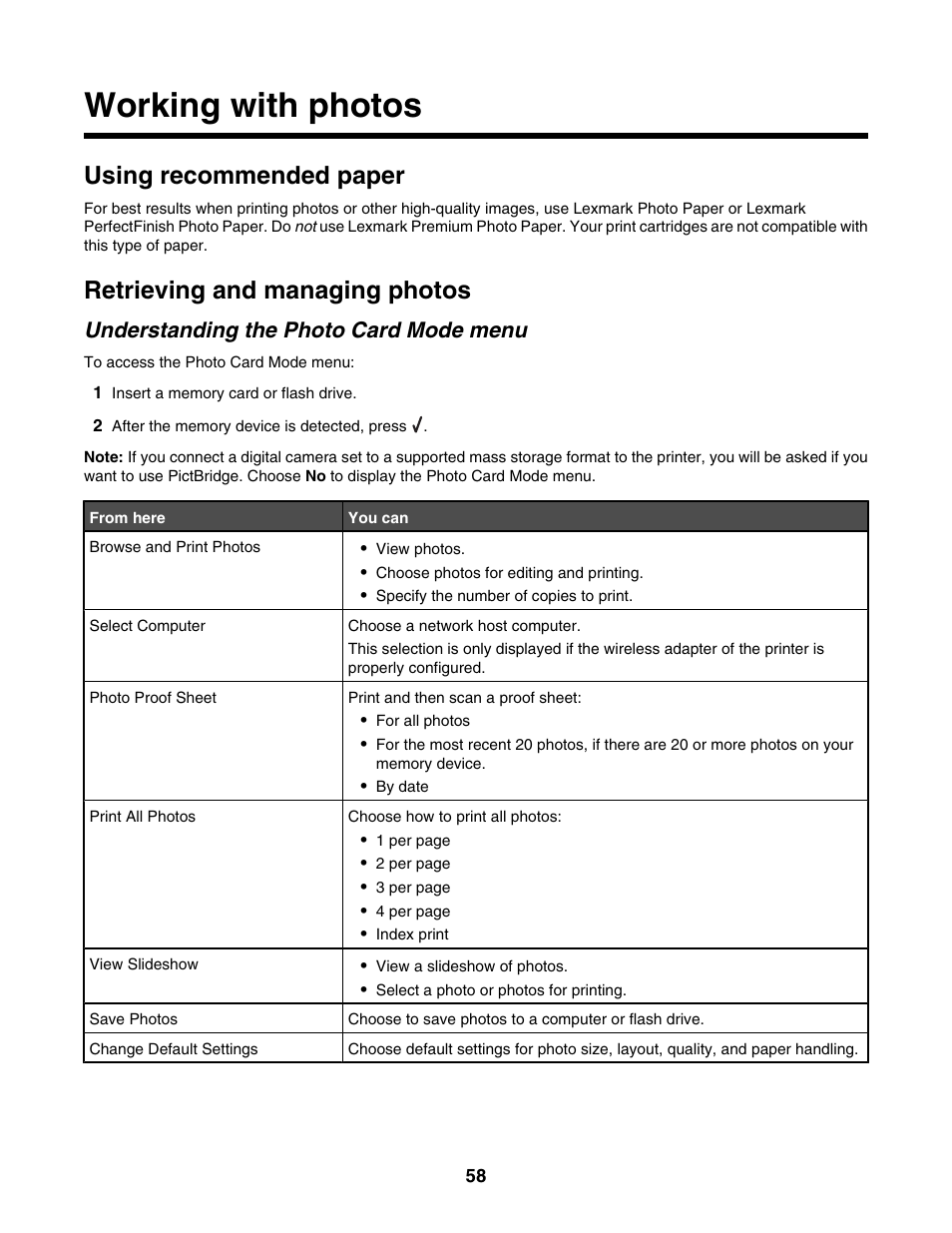 Working with photos, Using recommended paper, Retrieving and managing photos | Understanding the photo card mode menu | Lexmark 4800 Series User Manual | Page 58 / 176