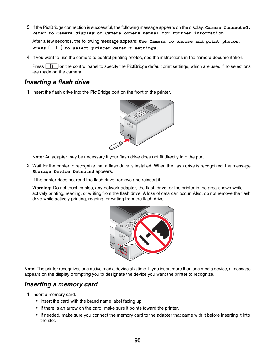 Inserting a flash drive, Inserting a memory card | Lexmark 4800 Series User Manual | Page 60 / 176