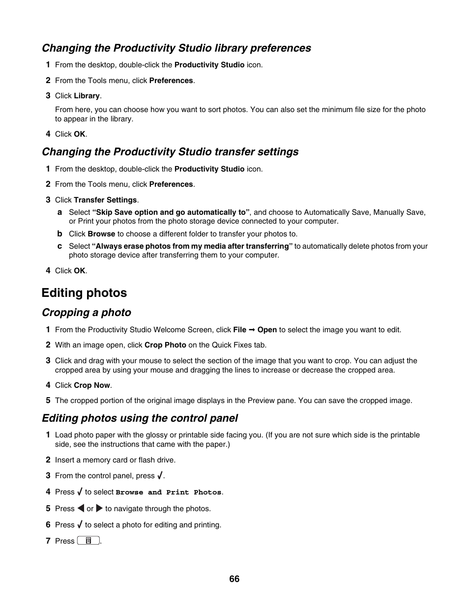 Changing the productivity studio transfer settings, Editing photos, Cropping a photo | Editing photos using the control panel | Lexmark 4800 Series User Manual | Page 66 / 176