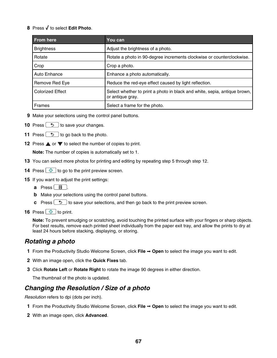 Rotating a photo, Changing the resolution / size of a photo | Lexmark 4800 Series User Manual | Page 67 / 176