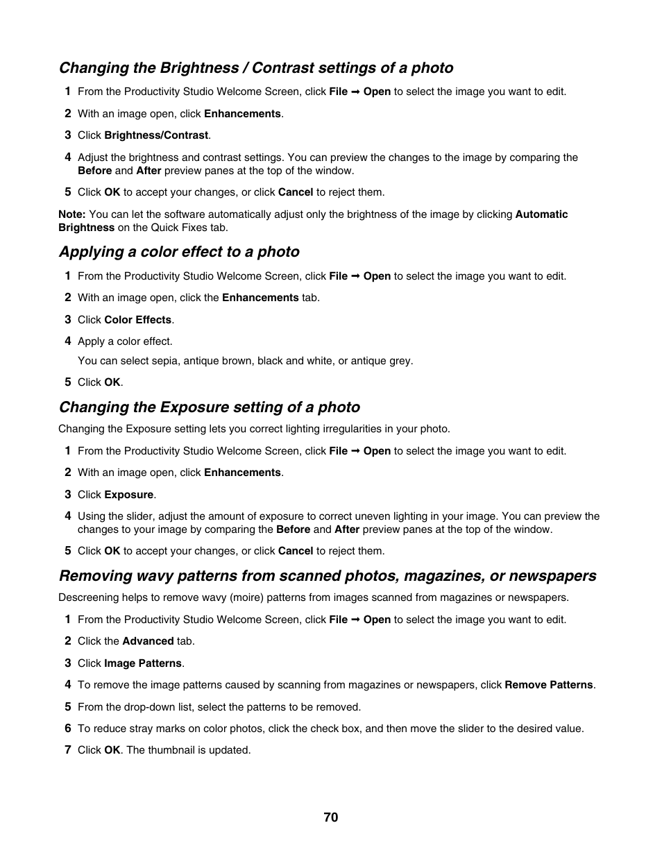 Applying a color effect to a photo, Changing the exposure setting of a photo | Lexmark 4800 Series User Manual | Page 70 / 176