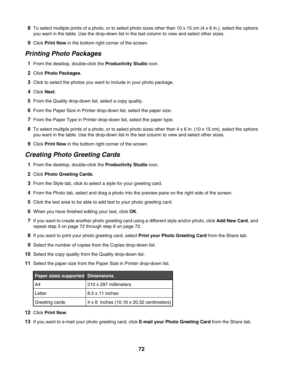 Printing photo packages, Creating photo greeting cards | Lexmark 4800 Series User Manual | Page 72 / 176