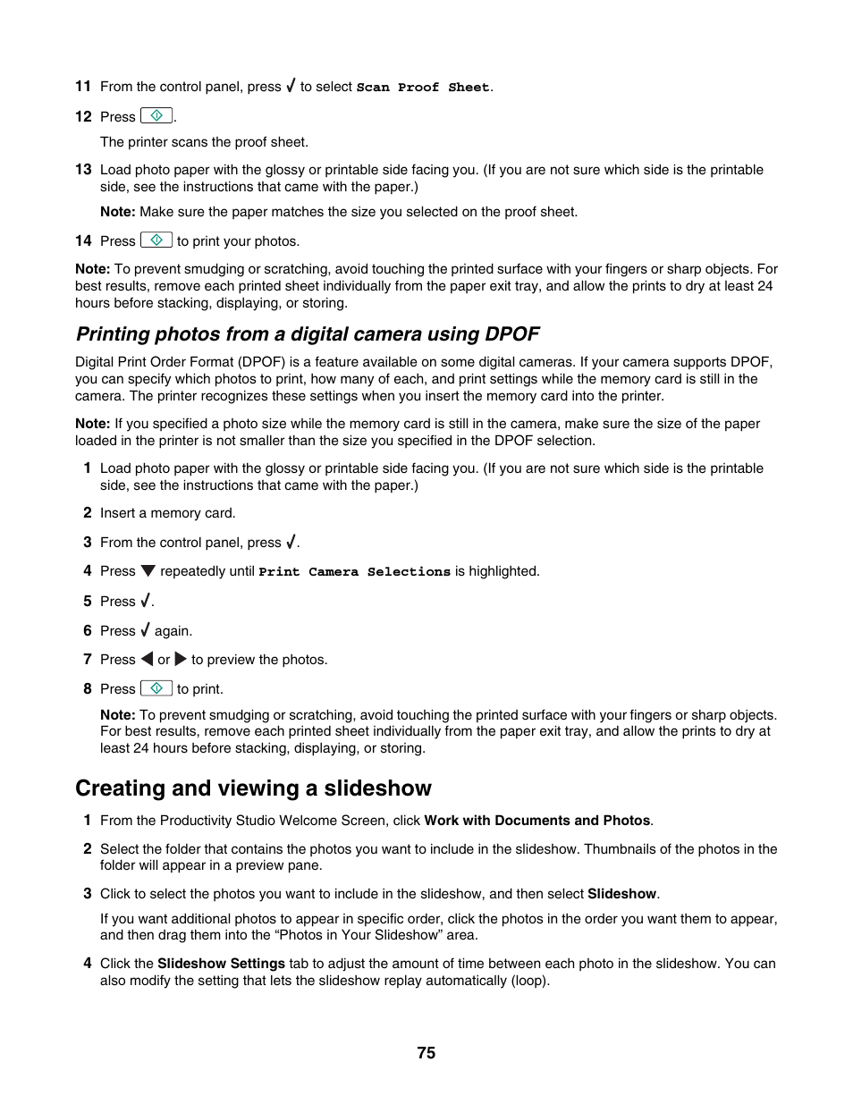 Printing photos from a digital camera using dpof, Creating and viewing a slideshow | Lexmark 4800 Series User Manual | Page 75 / 176