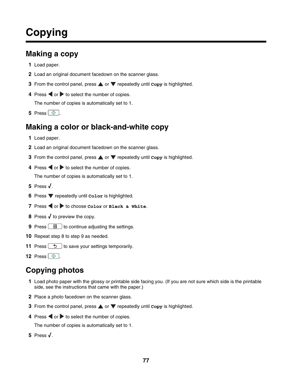 Copying, Making a copy, Making a color or black-and-white copy | Copying photos | Lexmark 4800 Series User Manual | Page 77 / 176