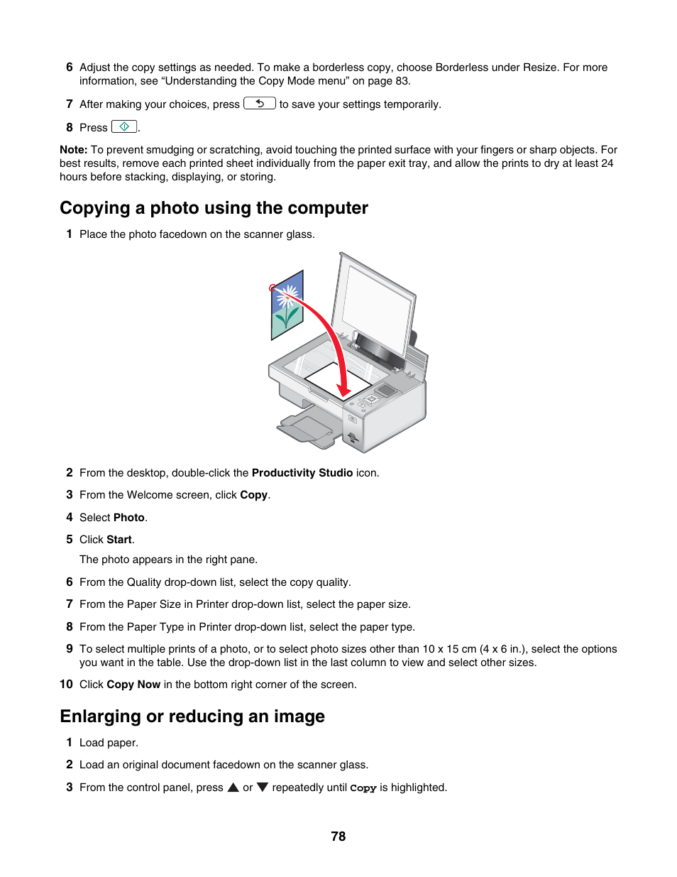 Copying a photo using the computer, Enlarging or reducing an image | Lexmark 4800 Series User Manual | Page 78 / 176