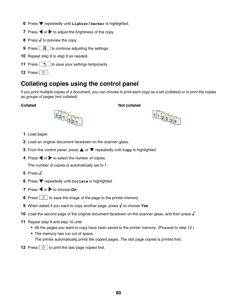 Collating copies using the control panel | Lexmark 4800 Series User Manual | Page 80 / 176