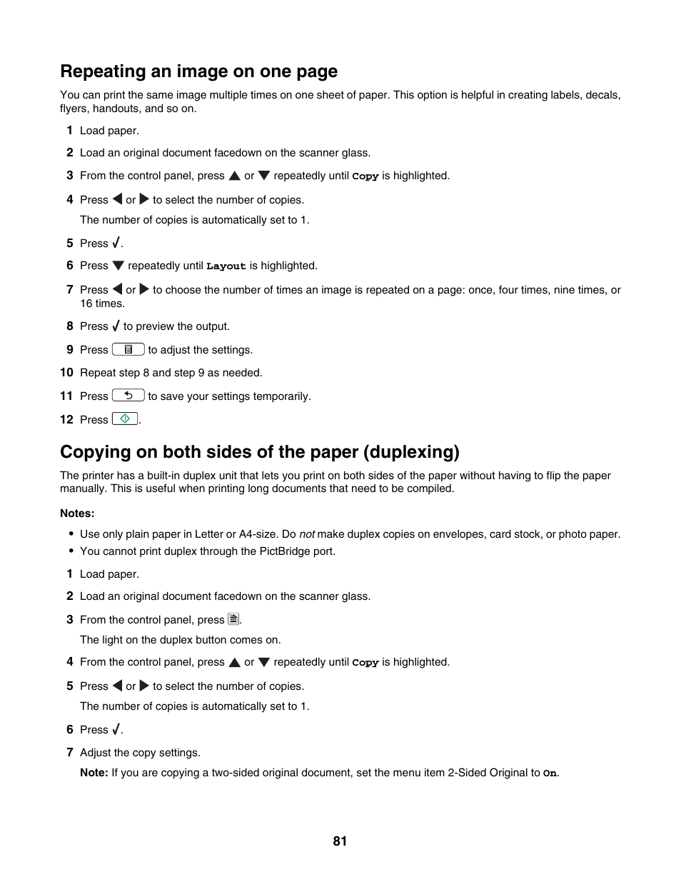 Copying on both sides of the paper (duplexing), Repeating an image on one page | Lexmark 4800 Series User Manual | Page 81 / 176