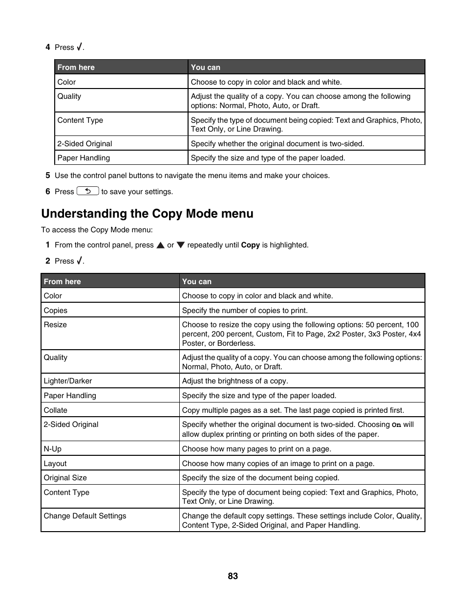 Understanding the copy mode menu | Lexmark 4800 Series User Manual | Page 83 / 176