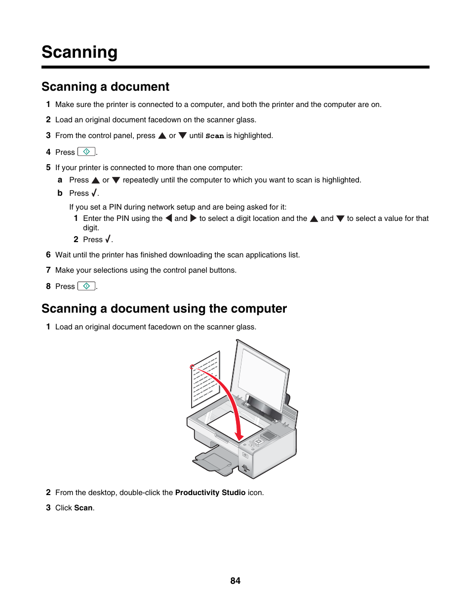 Scanning, Scanning a document, Scanning a document using the computer | Lexmark 4800 Series User Manual | Page 84 / 176