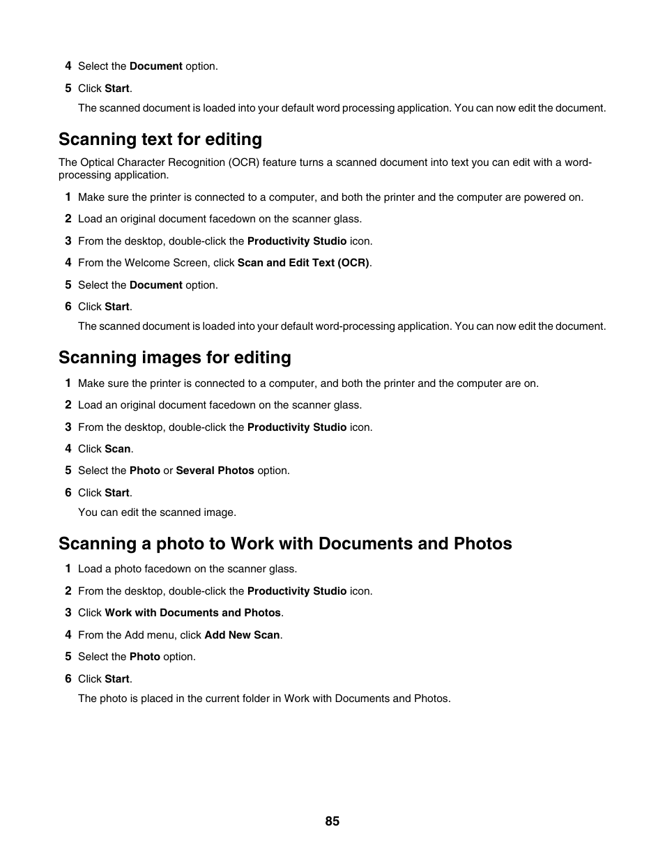 Scanning text for editing, Scanning images for editing, Scanning a photo to work with documents and photos | Lexmark 4800 Series User Manual | Page 85 / 176