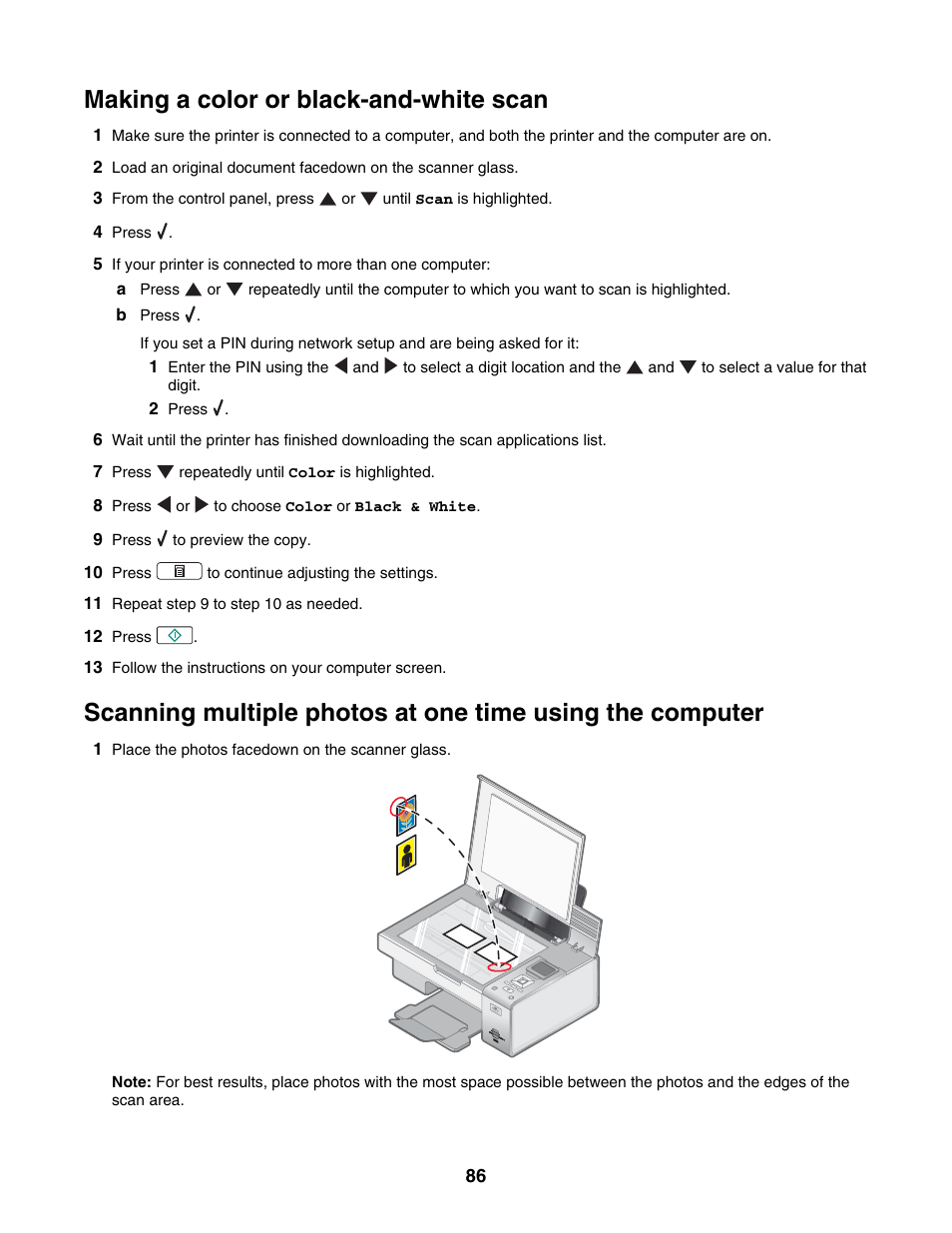 Making a color or black-and-white scan | Lexmark 4800 Series User Manual | Page 86 / 176