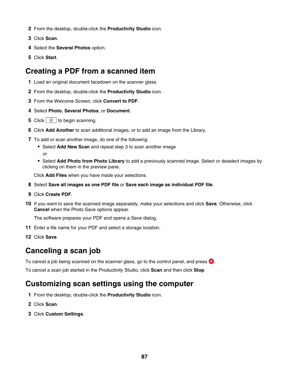 Creating a pdf from a scanned item, Canceling a scan job, Customizing scan settings using the computer | Lexmark 4800 Series User Manual | Page 87 / 176