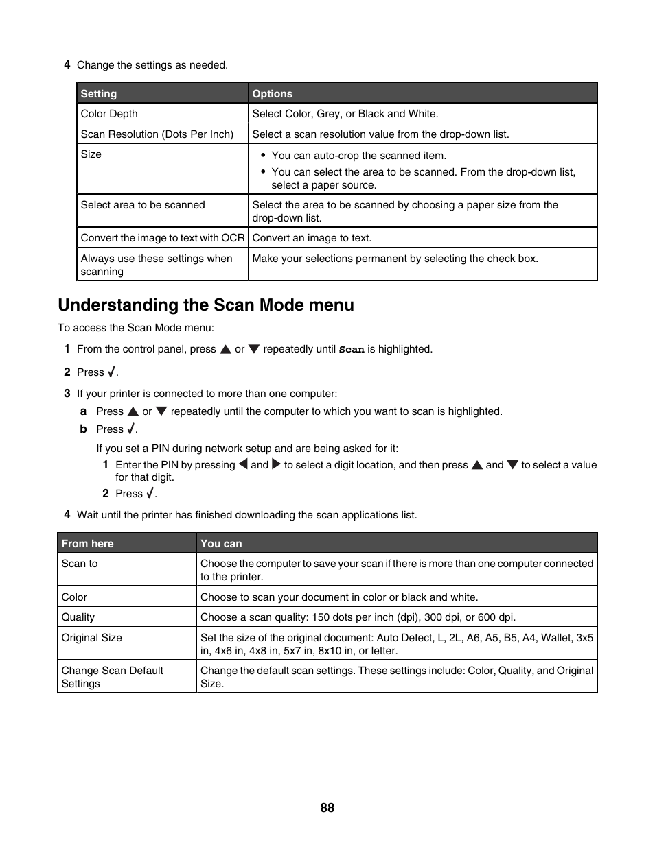 Understanding the scan mode menu | Lexmark 4800 Series User Manual | Page 88 / 176