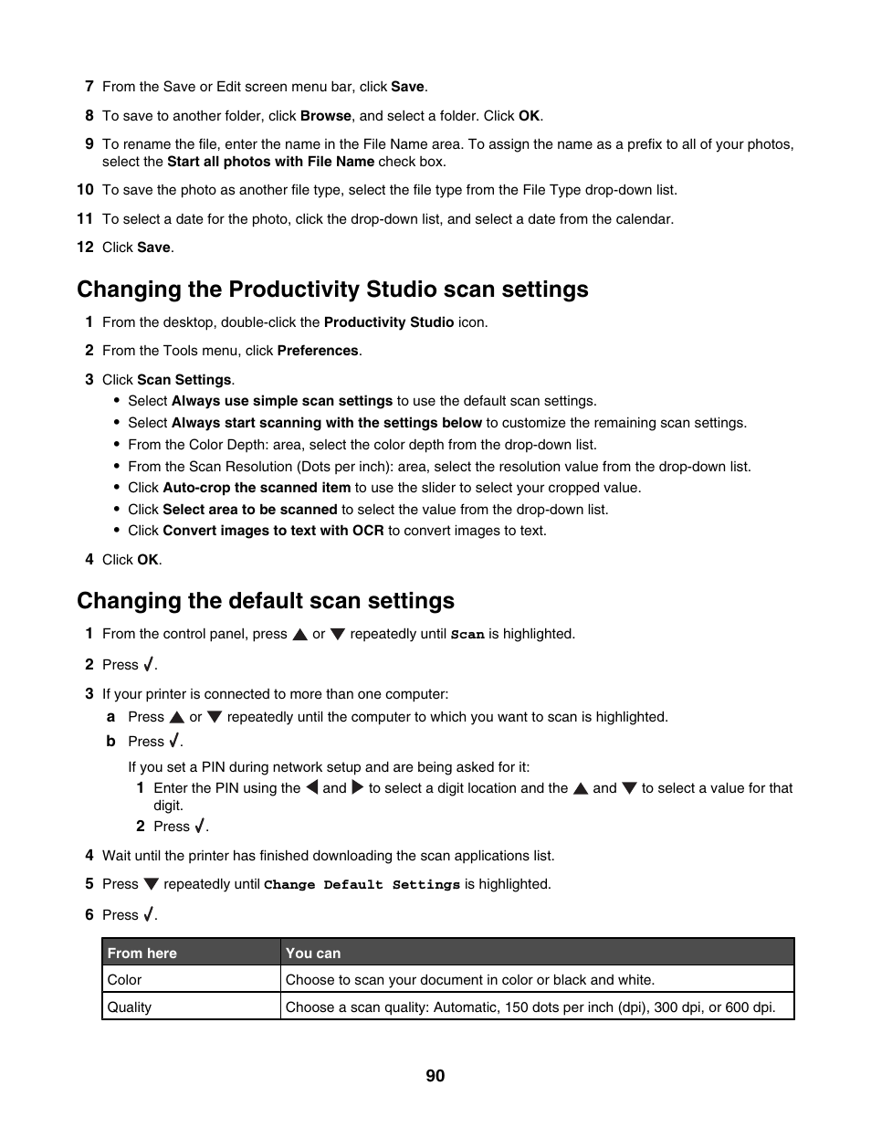 Changing the productivity studio scan settings, Changing the default scan settings | Lexmark 4800 Series User Manual | Page 90 / 176