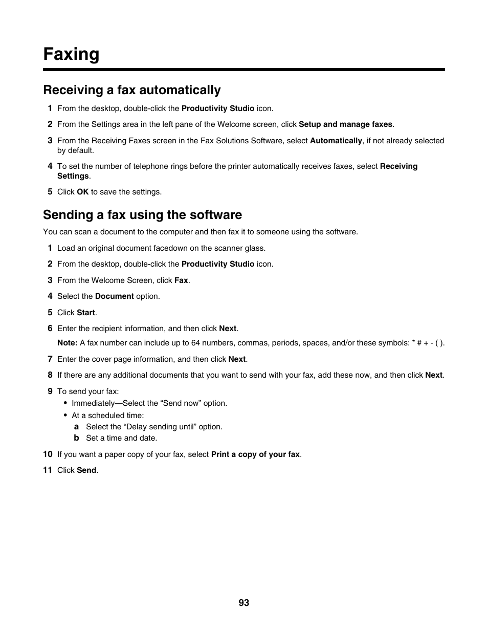 Faxing, Receiving a fax automatically, Sending a fax using the software | Lexmark 4800 Series User Manual | Page 93 / 176