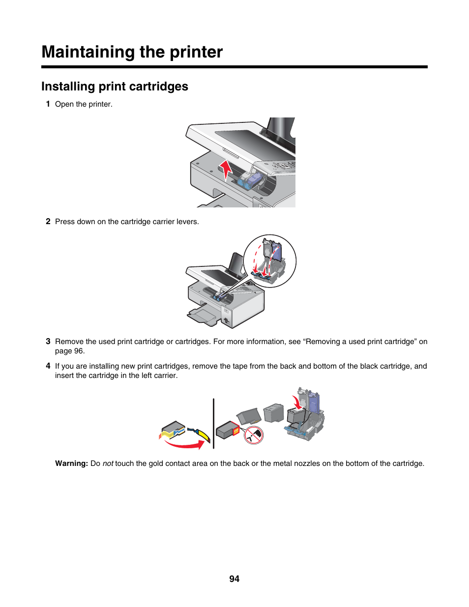 Maintaining the printer, Installing print cartridges | Lexmark 4800 Series User Manual | Page 94 / 176