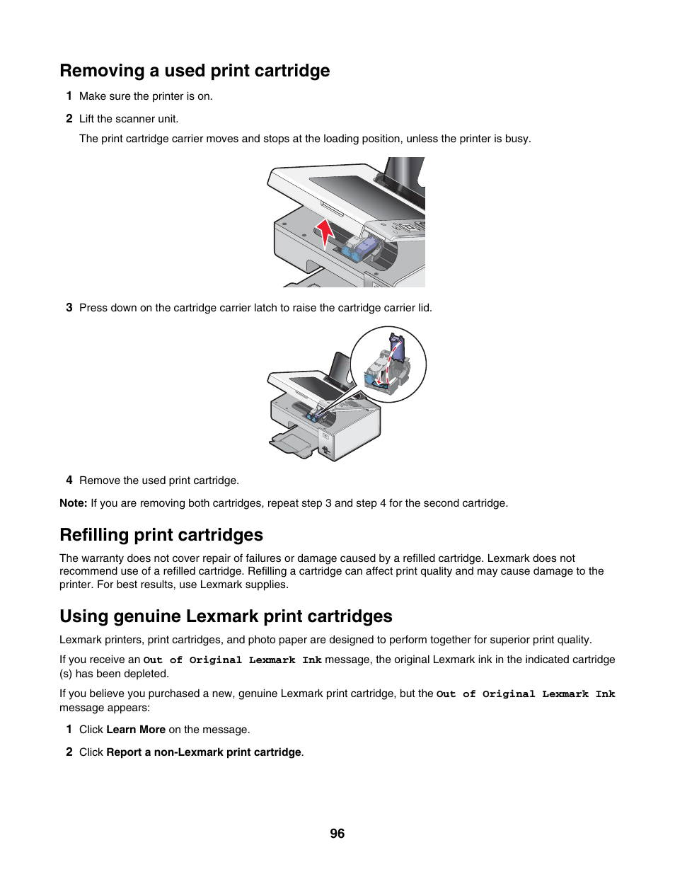 Removing a used print cartridge, Refilling print cartridges, Using genuine lexmark print cartridges | Lexmark 4800 Series User Manual | Page 96 / 176