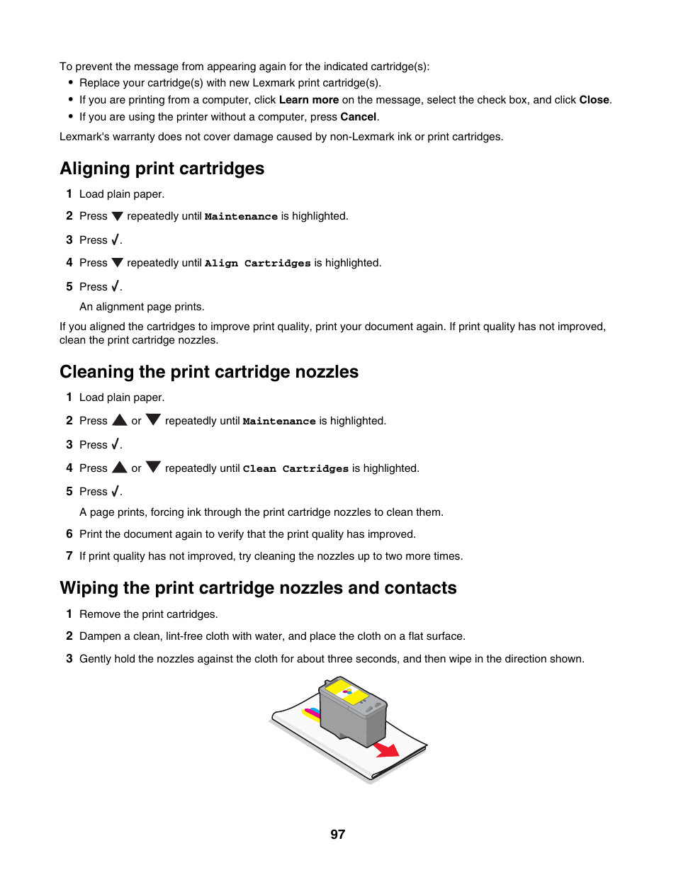 Aligning print cartridges, Cleaning the print cartridge nozzles, Wiping the print cartridge nozzles and contacts | Lexmark 4800 Series User Manual | Page 97 / 176