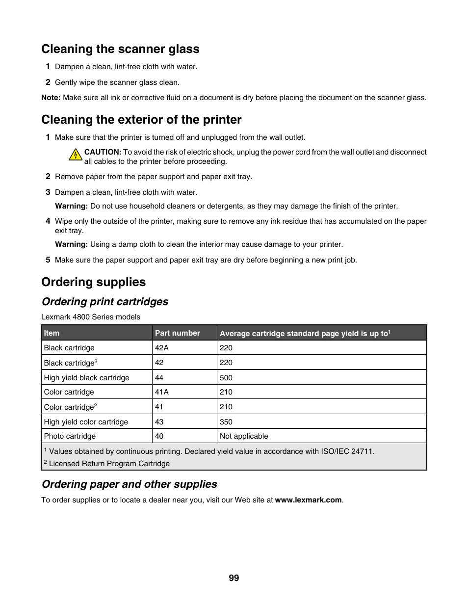 Cleaning the scanner glass, Cleaning the exterior of the printer, Ordering supplies | Ordering print cartridges, Ordering paper and other supplies | Lexmark 4800 Series User Manual | Page 99 / 176