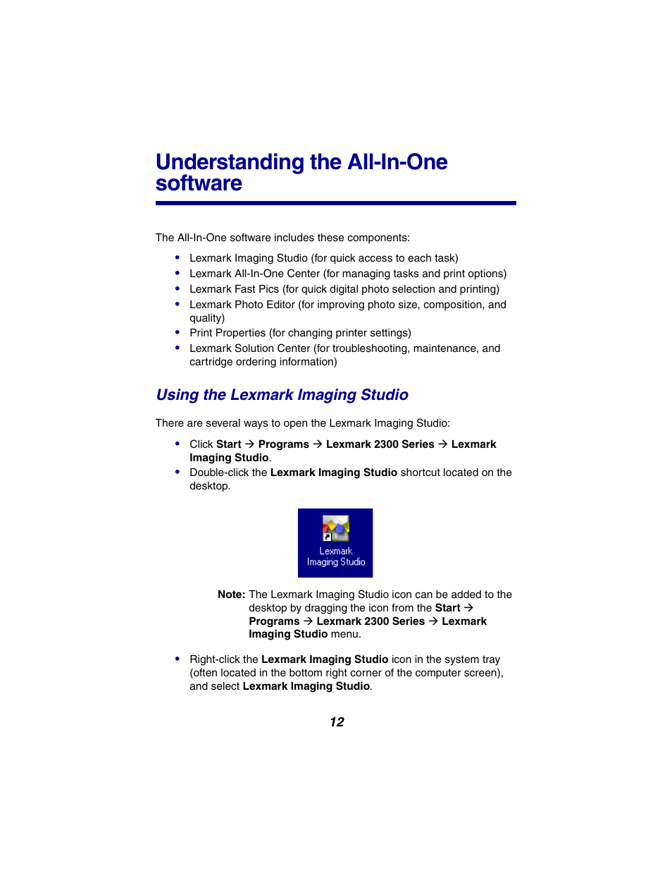 Understanding the all-in-one software, Using the lexmark imaging studio | Lexmark 2300 Series User Manual | Page 12 / 77
